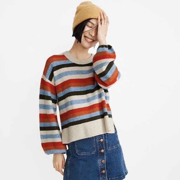 Madewell Balloon Sleeve Striped Crew Neck Sweater Coziest Yarn Payton Pullover - Picture 1 of 12
